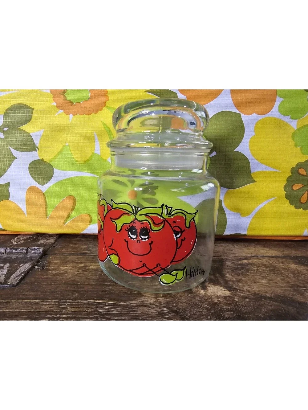 Vintage 1970’s  Hildi Happy Tomatoes  Glass Canister Jar With Lid 5 1/2” Tall